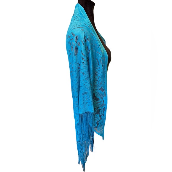 Boho Witch Hippie Ethereal Romantic Blue Sheer Floral Fringe Bandana Lace Shawl - Picture 2 of 8